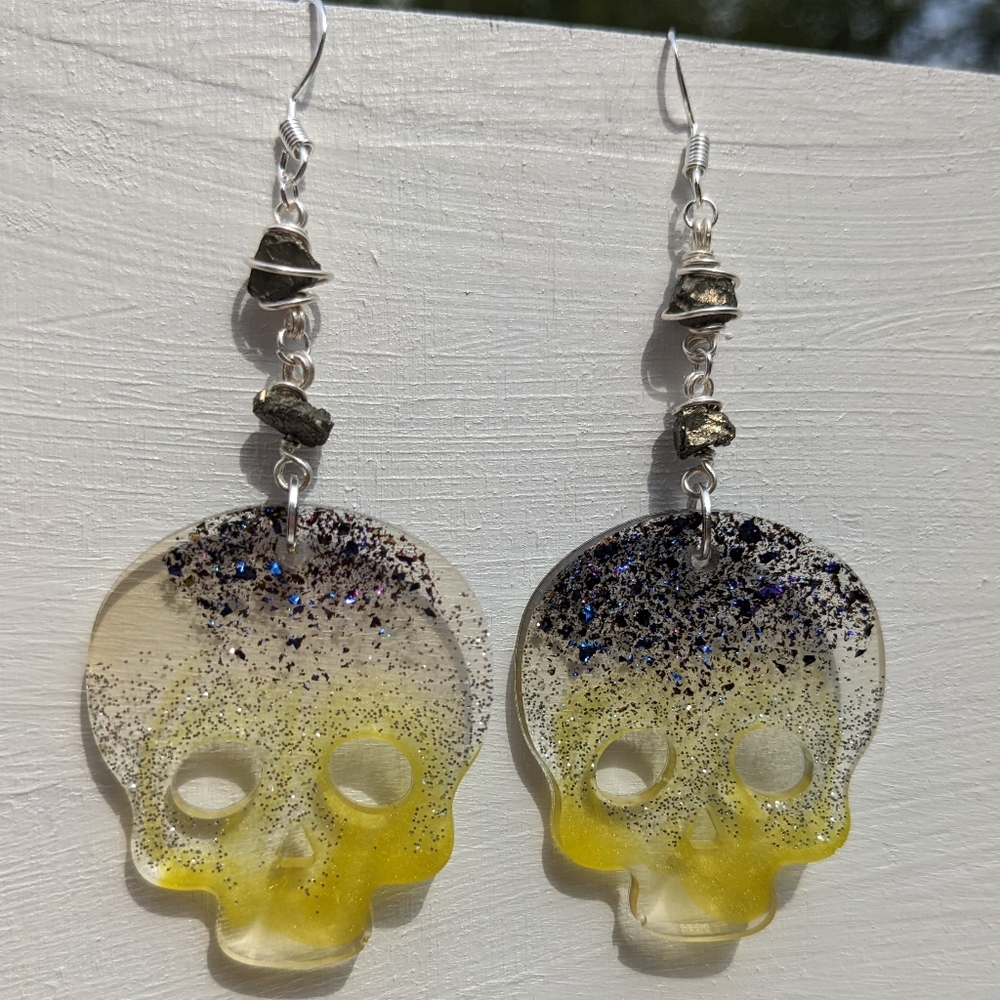 PYRITE Good Fortune Crystals Skull Earrings Handmade Gold Resin Lightweight
